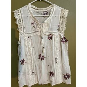 Pale sky boho embroidered floral sleeveless blouse womens L